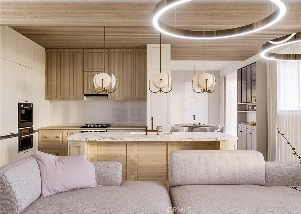 Computer rendering of a proposed kitchen in pale oak with a ring light overhead